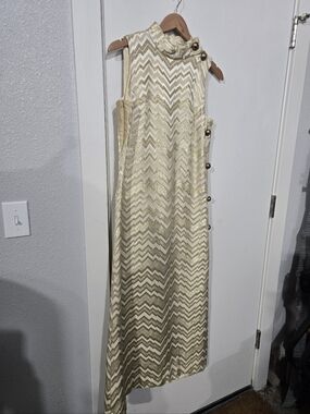 Vintage Gold Chevron Maxi Dress with Side Button Detail